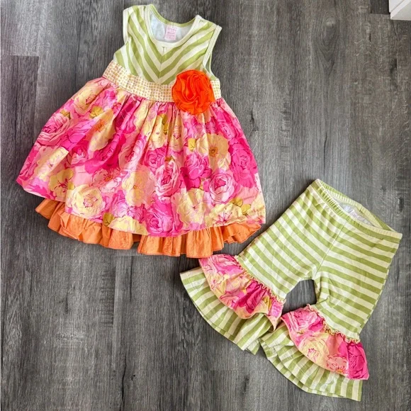 Giggle Moon Girls Outfit Dress and Ruffle Pants Set Floral Green Pink - Picture 1 of 10